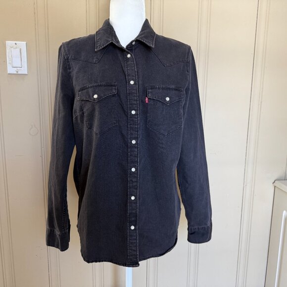 Levis Black Denim Western Shirt Pearl Snap Front Fringe on Back - Picture 1 of 11
